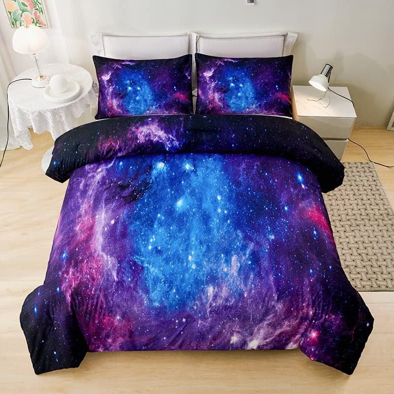 All-Season Galaxy Comforter Set Outer Space Purple Starry Sky Night Pattern Bedding Set for Girls Boys Kids Teens Twin Size with... - All-Season Down Alternative Comforter Insert Detail
