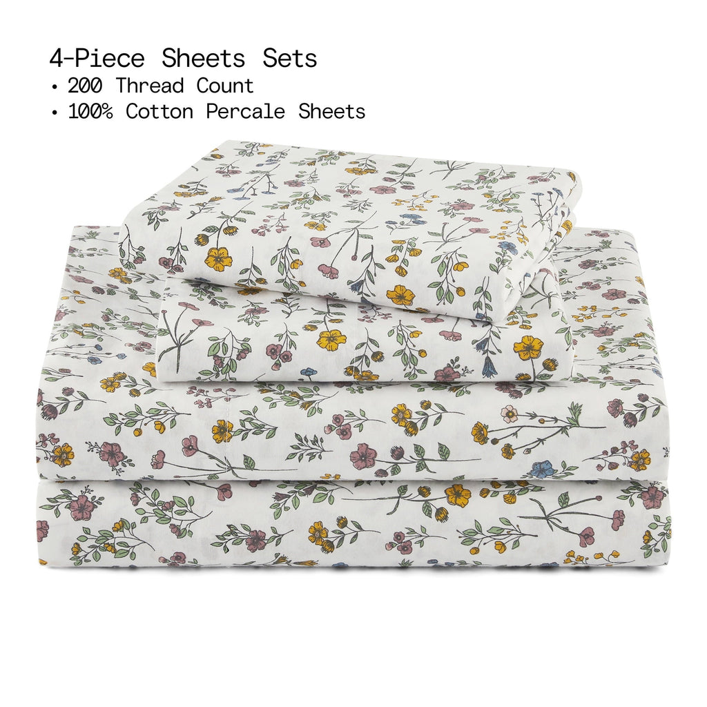 Cooling Sateen Botanical 4-Piece 100% Cotton Washed Percale White Sheet Set, Queen - Luxury Bed Sheet Set with Deep Pockets Detail
