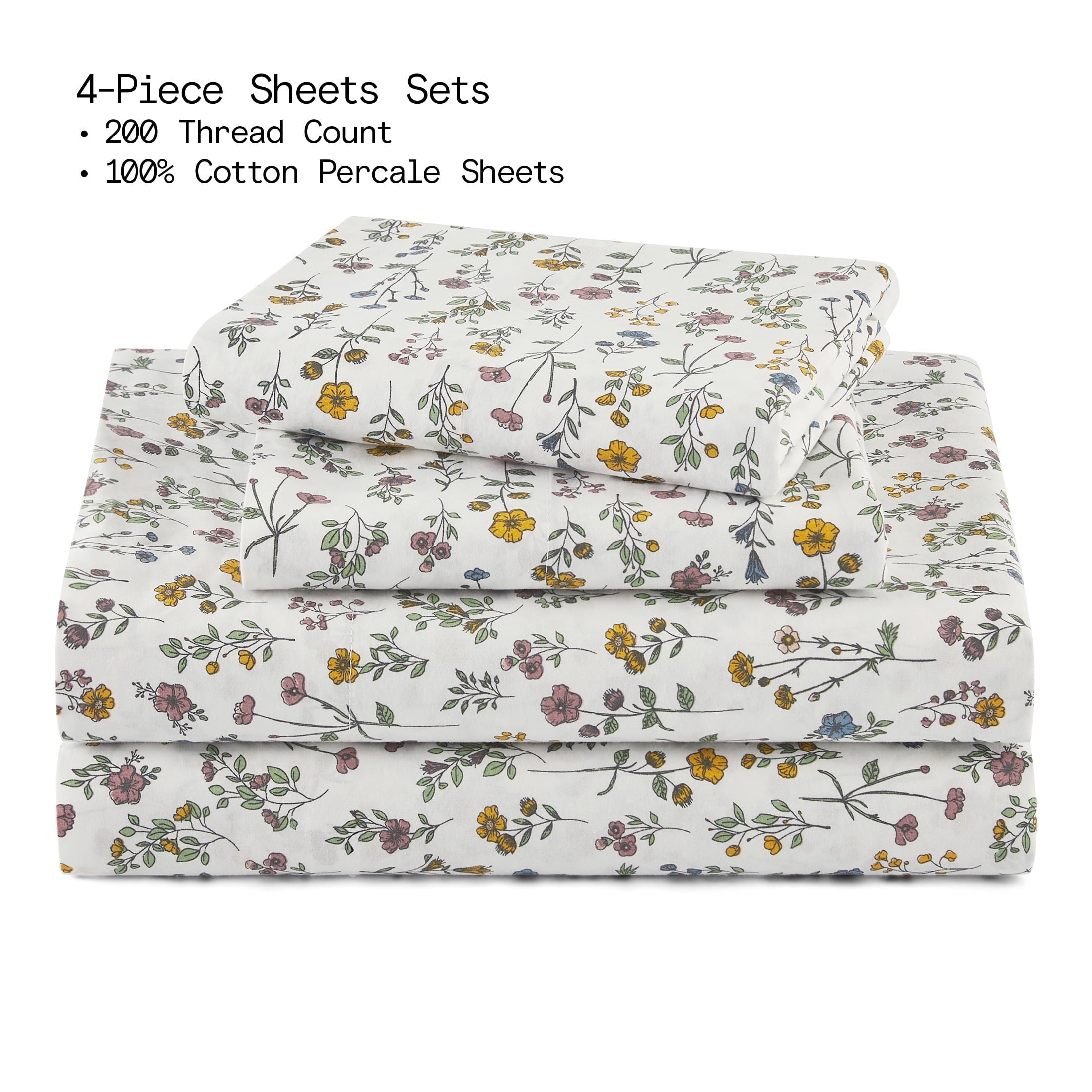 Cooling Sateen Botanical 4-Piece 100% Cotton Washed Percale White Sheet Set, Queen - Luxury Bed Sheet Set with Deep Pockets Detail
