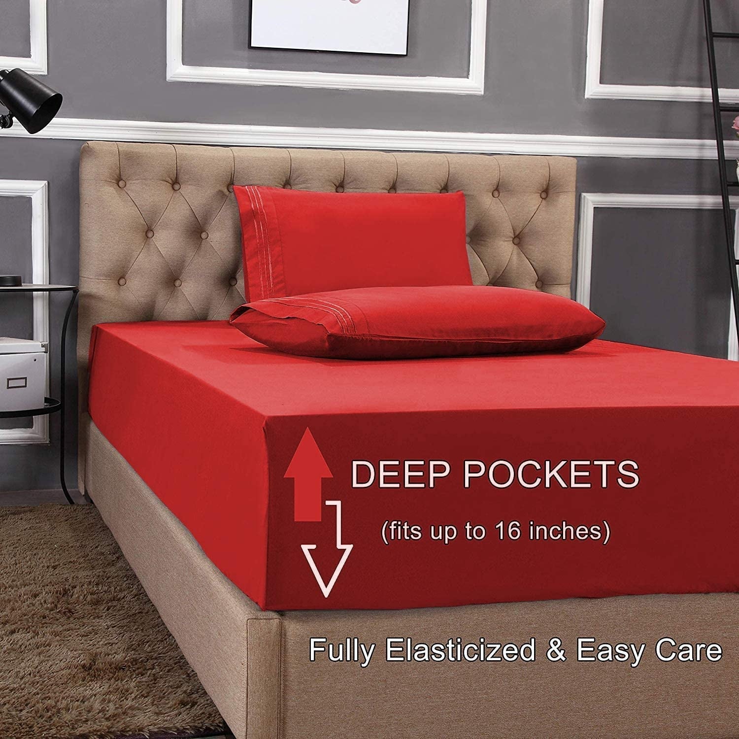Breathable Luxury 1800 Series Microfiber Bed Sheets 6-Piece Set, Deep Pocket, Queen Black - Premium Ultra-Soft Pillowcase Pair for Sleeping Detail
