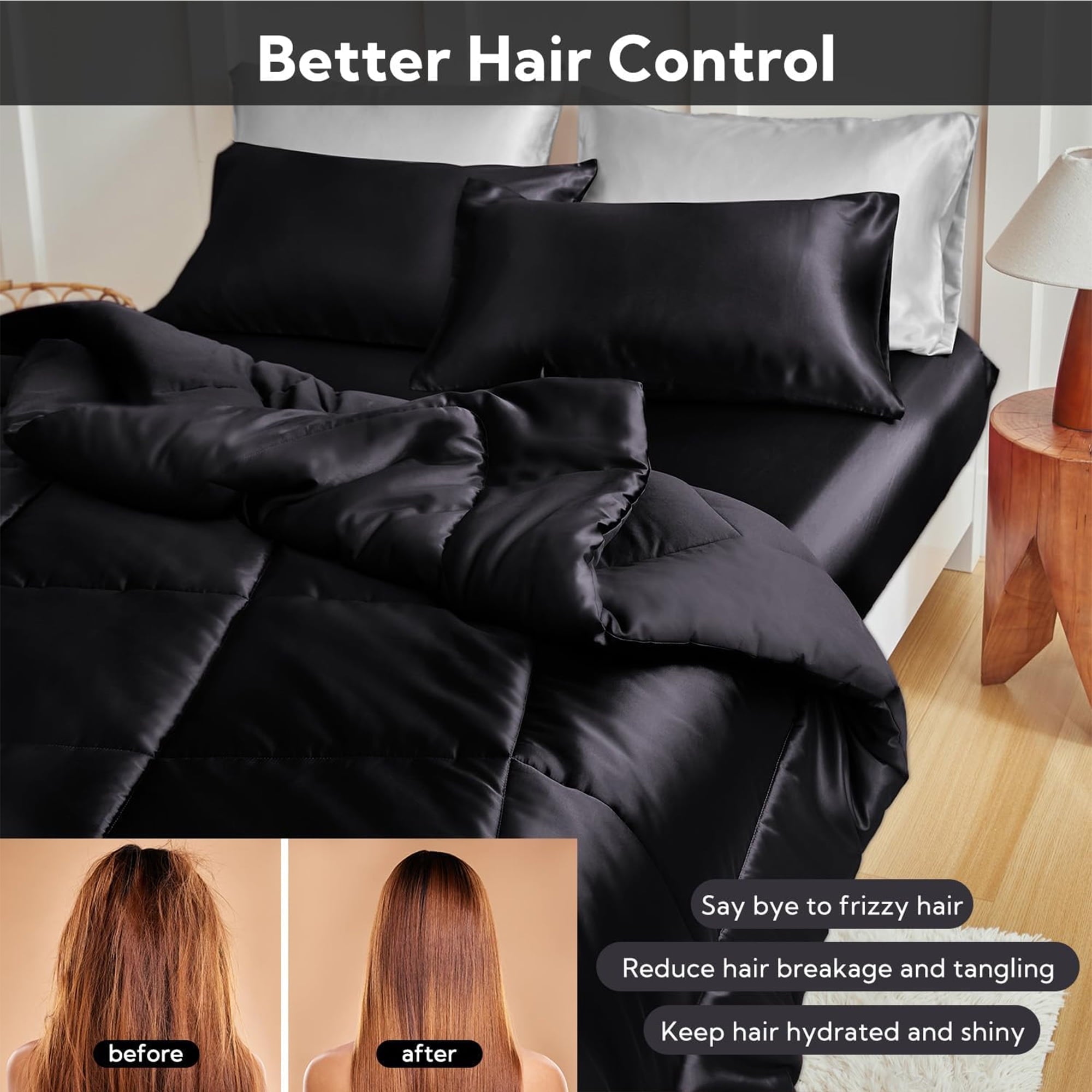 Fluffy Down Alternative Reversible Satin Microfiber Comforter 3 Pieces Queen Size, Black Queen Comforter Set for All Seasons, Silky Soft Sati... - All-Season Down Alternative Comforter Insert Detail