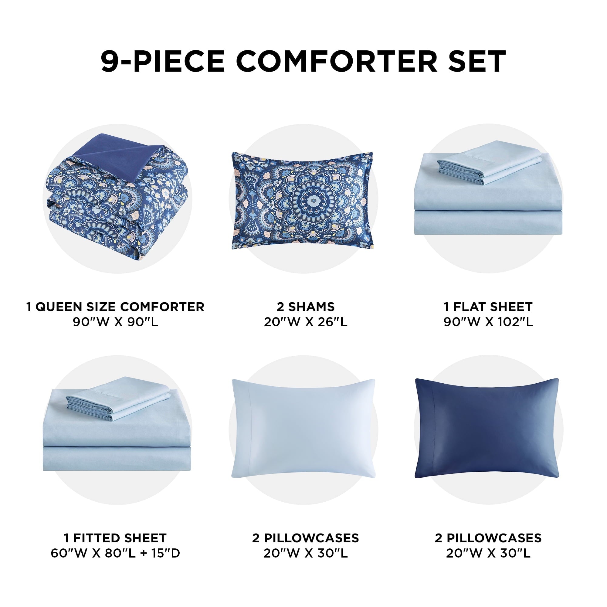 All-Season Queen Size Comforter Set, 9-Piece Bed in a Bag Queen, Navy Blue Bedding Comforter Set with Comforter, Flat Sheets, Fi... - All-Season Down Alternative Comforter Insert Detail