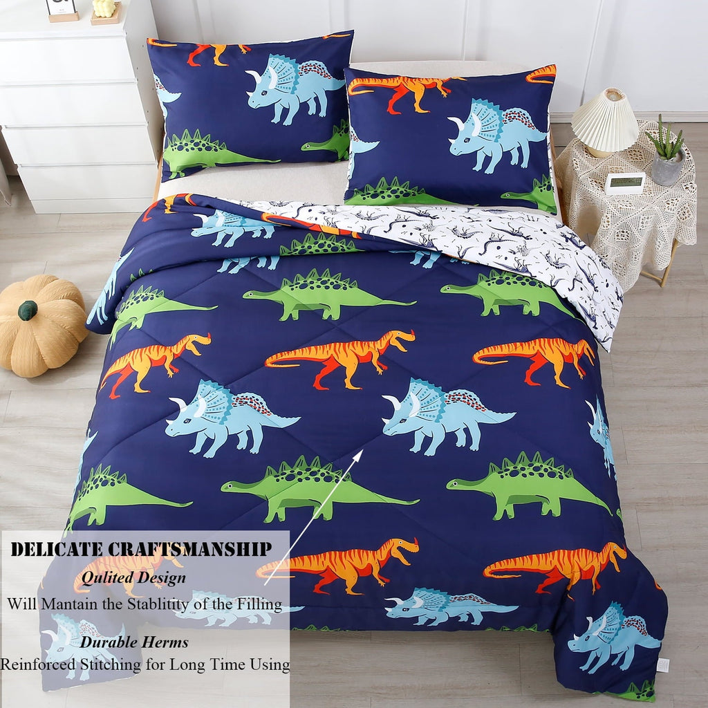 Hypoallergenic Cloud 3 Pcs Dinosaur Twin Size Bedding Sets for Boys, Dinosaur Printing Boys Comforter Set, Blue and White Reversible Bed C... - All-Season Down Alternative Comforter Insert Detail