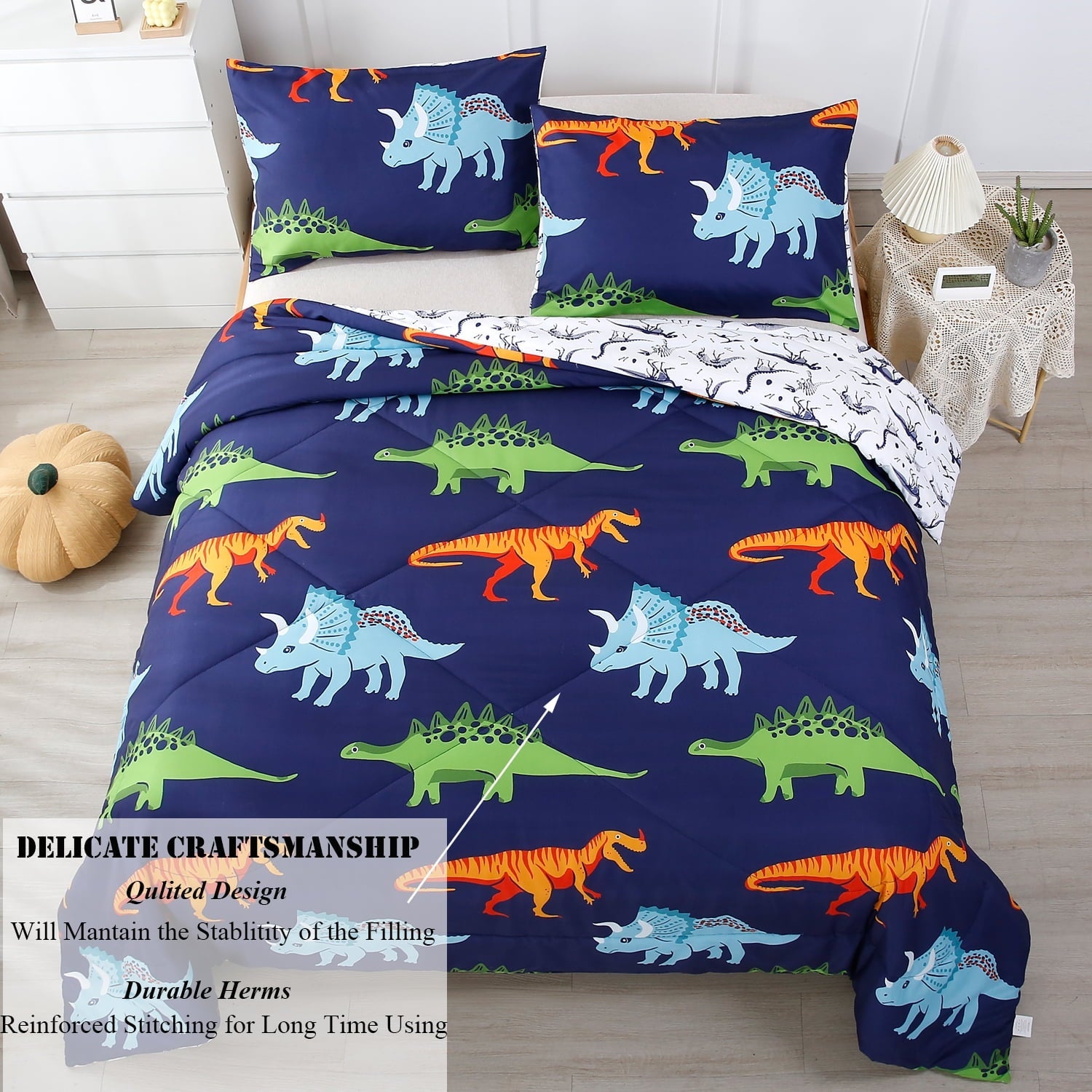 Hypoallergenic Cloud 3 Pcs Dinosaur Twin Size Bedding Sets for Boys, Dinosaur Printing Boys Comforter Set, Blue and White Reversible Bed C... - All-Season Down Alternative Comforter Insert Detail