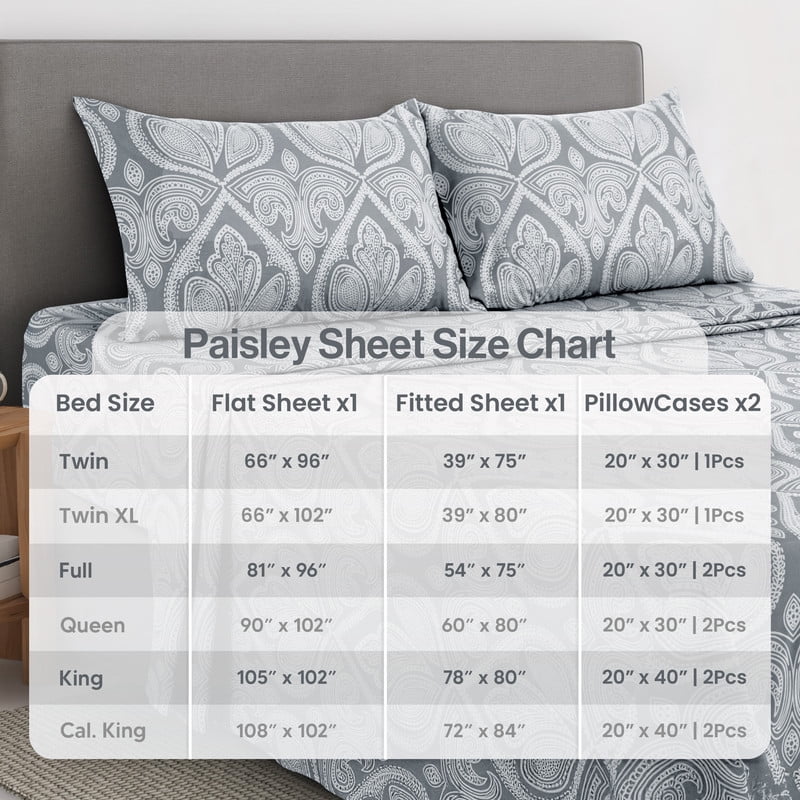 Cooling Sateen Lux Decor 4 Piece Queen Sheet Set, Brushed Microfiber Paisley Printed Bed Sheet Set with up to 16" Deep Pocket Fitted... - Breathable Egyptian Cotton Flat & Fitted Sheets Detail