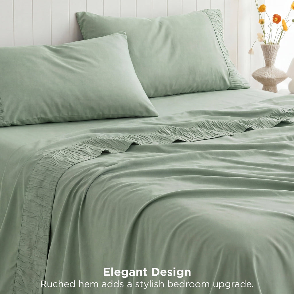 Cooling Sateen Queen Sheets Set, 4 Pieces Deep Pockets Cooling Soft Polyester Microfiber Bed Sheets Set, Sea Foam Green - Luxury Bed Sheet Set with Deep Pockets Detail