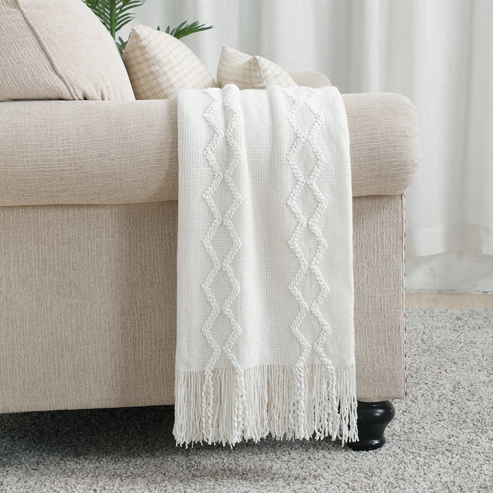 Lightweight Warm Fluffy Chenille Knitted Fringe Throw Blanket, Lightweight Soft Cozy Bed Sofa Chair Blanket, White, 50" x 60" - Luxury Knitted Decorative Throw Blanket with Fringes Detail