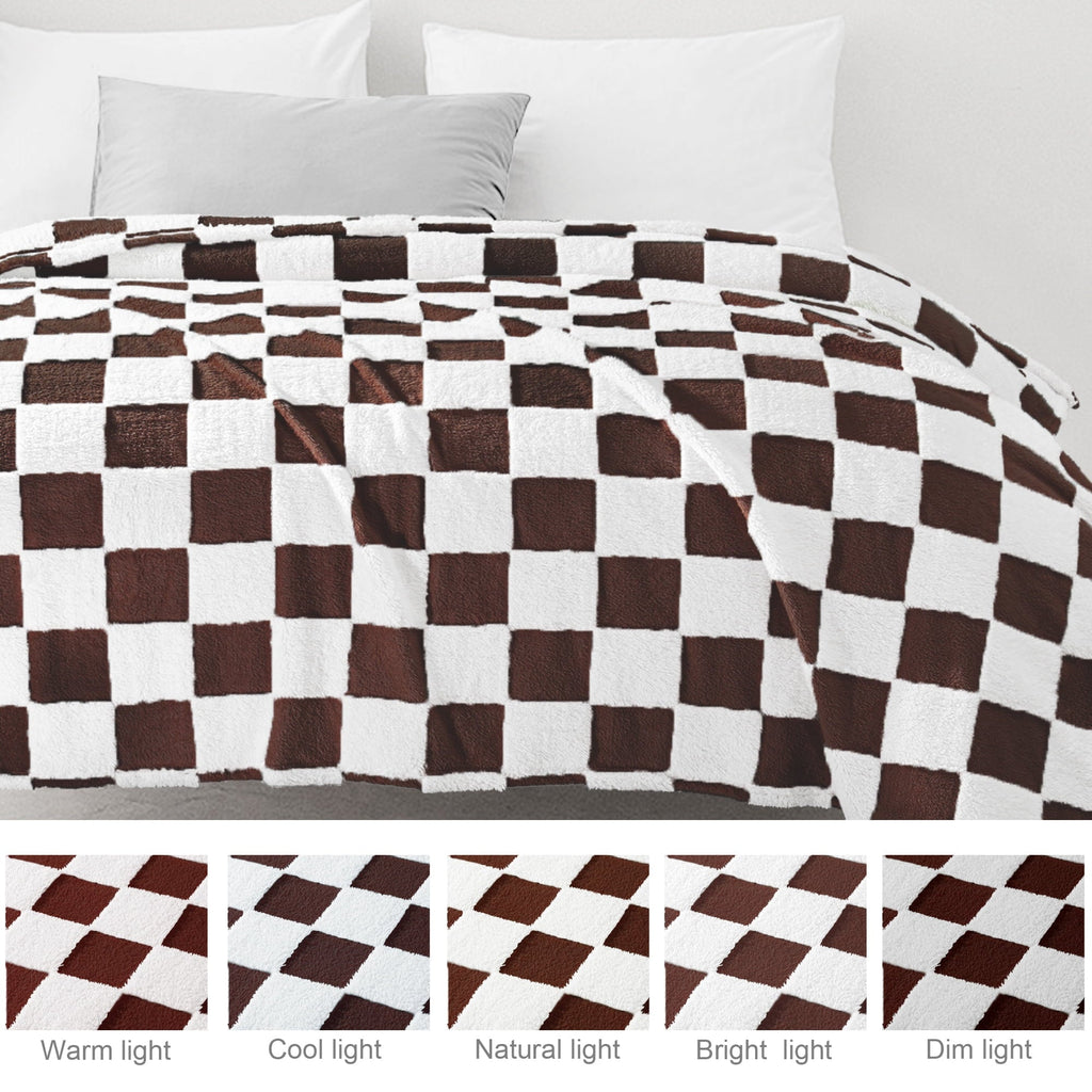 Decorative Knitted Checkered Throw Blanket, Super Soft and Warm Fluffy Fleece Blanket for Couch, Sofa, Bed, Cute Plaid Pattern, Coffee, ... - Luxury Knitted Decorative Throw Blanket with Fringes Detail