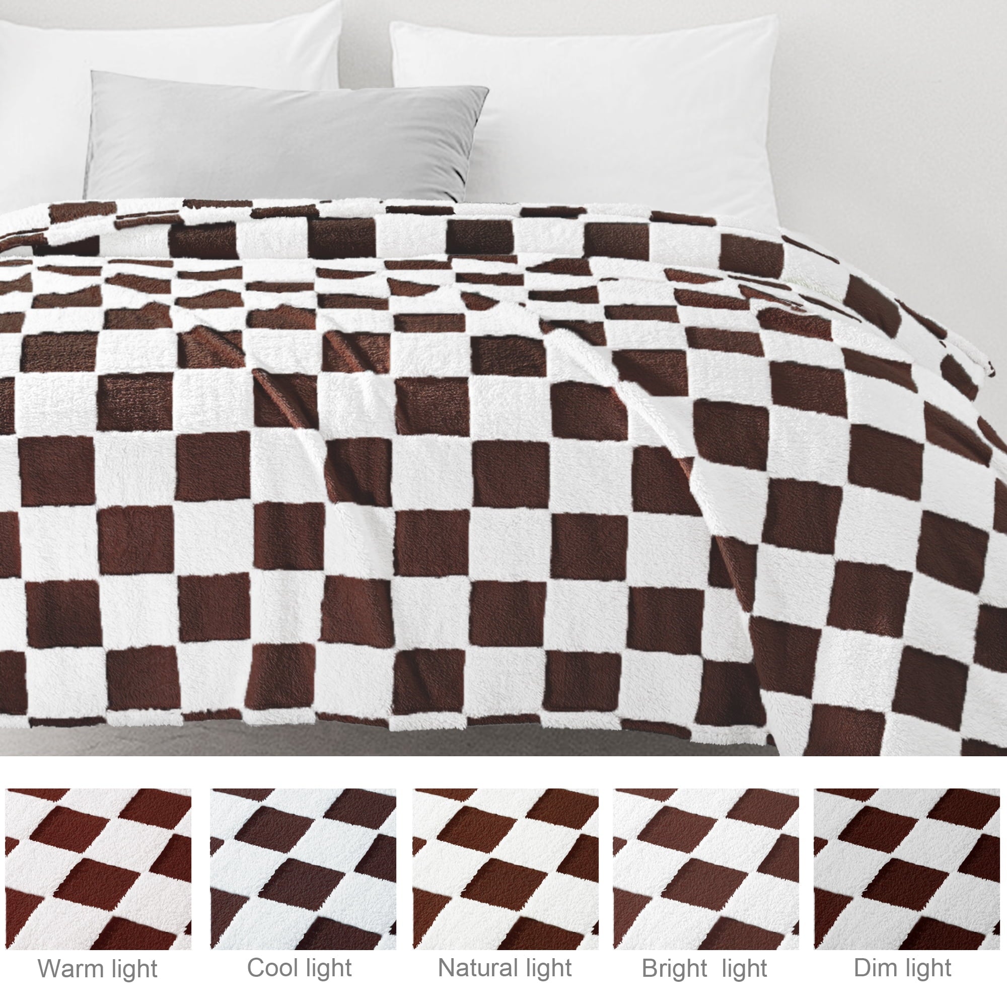 Decorative Knitted Checkered Throw Blanket, Super Soft and Warm Fluffy Fleece Blanket for Couch, Sofa, Bed, Cute Plaid Pattern, Coffee, ... - Luxury Knitted Decorative Throw Blanket with Fringes Detail