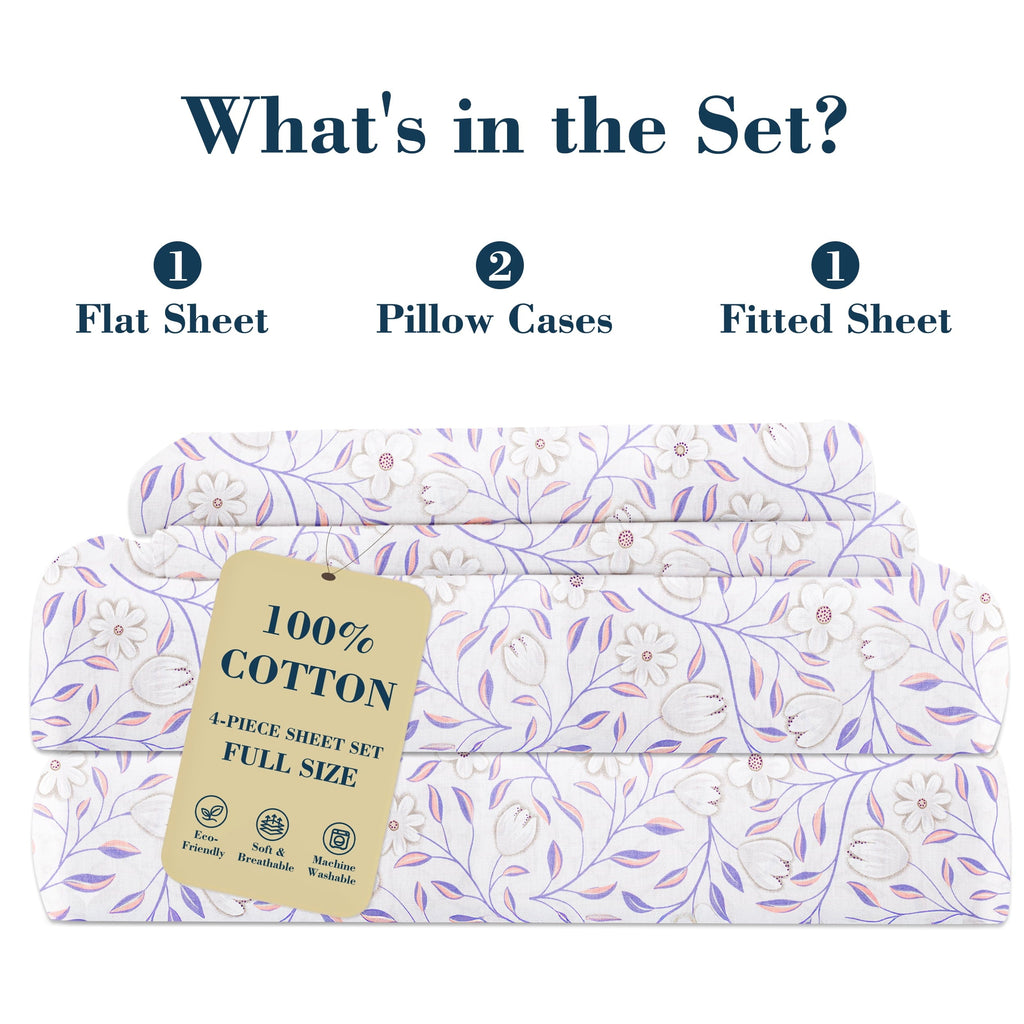 Cooling Sateen 100% Cotton Full Size Sheets,4 Piece Pure Percale Bed Sheets Set Deep Pocket Fits Mattress Upto 15",floral vine pattern - Luxury Bed Sheet Set with Deep Pockets Detail