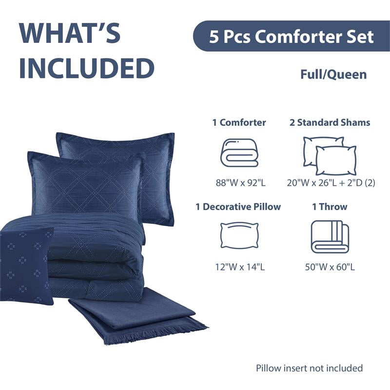 All-Season 5-Piece Reversible Comforter Set Navy Cross Stitch Bedding with Decor Pillow and Throw, Full/Queen - Hypoallergenic Ultra-Fluffy Quilt for Winter Detail