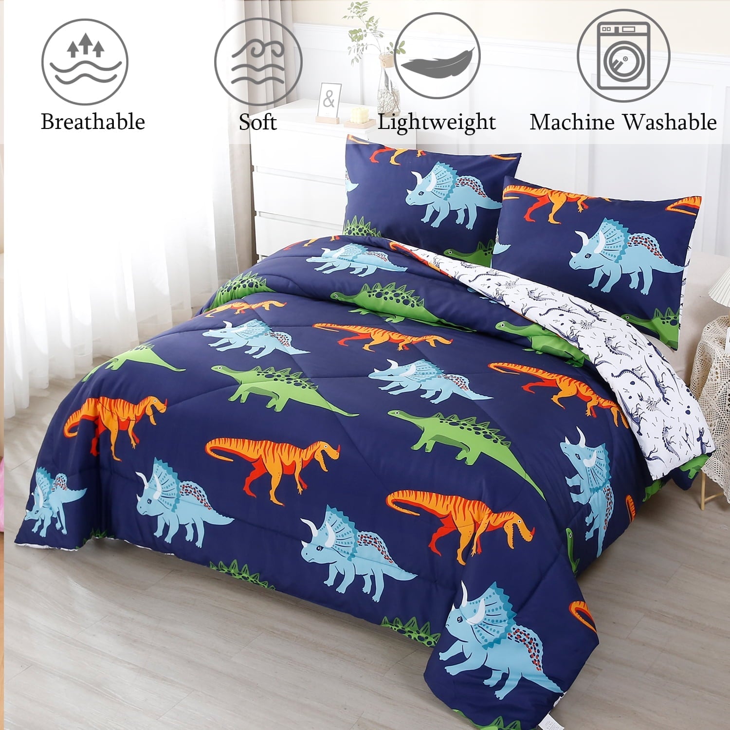 Hypoallergenic Cloud 3 Pcs Dinosaur Twin Size Bedding Sets for Boys, Dinosaur Printing Boys Comforter Set, Blue and White Reversible Bed C... - All-Season Down Alternative Comforter Insert Detail