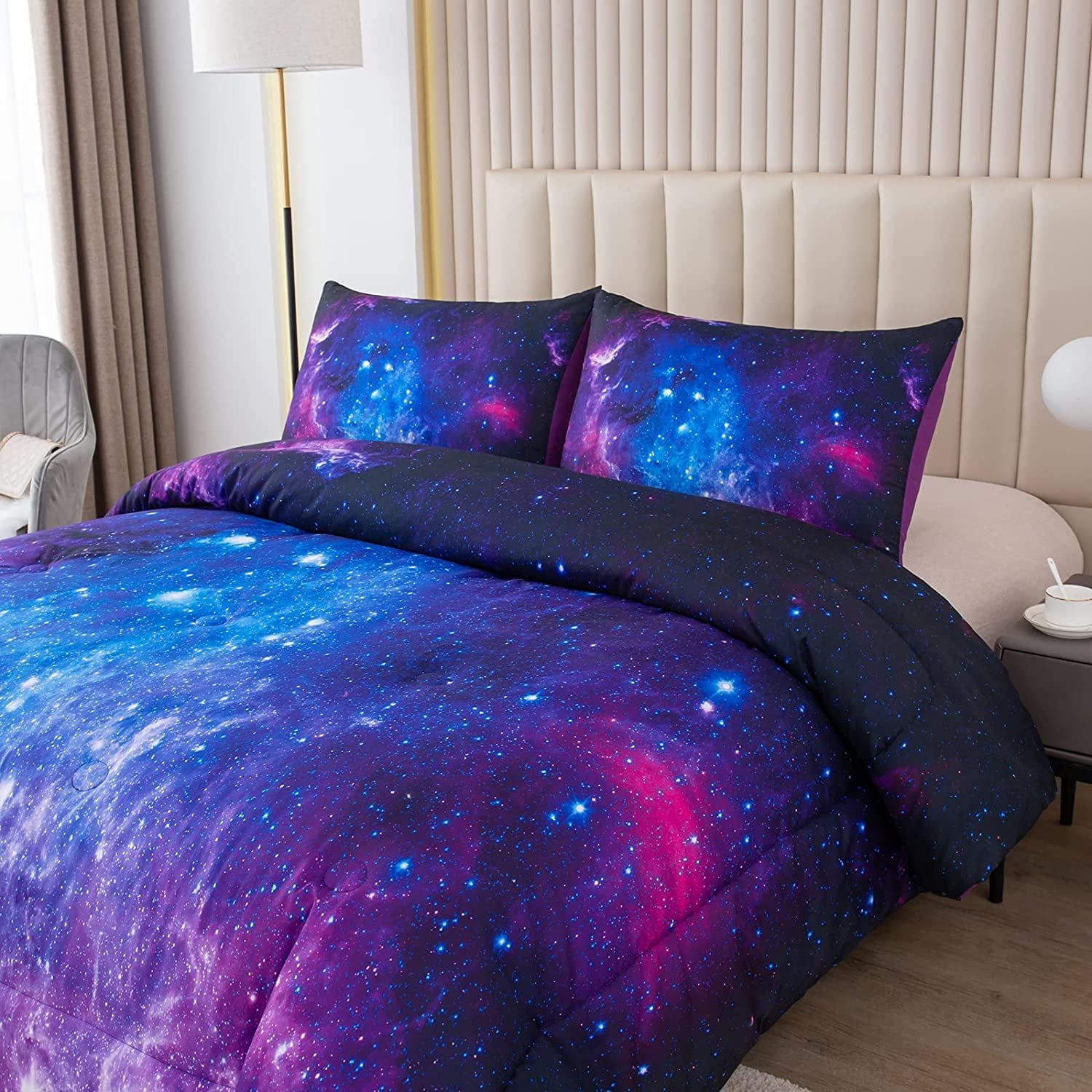 All-Season Galaxy Comforter Set Outer Space Purple Starry Sky Night Pattern Bedding Set for Girls Boys Kids Teens Twin Size with... - All-Season Down Alternative Comforter Insert Detail