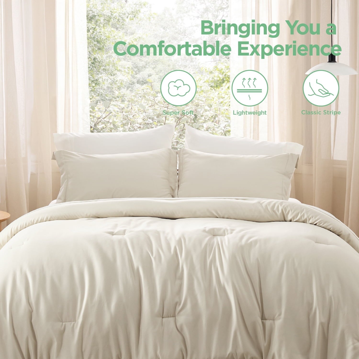 All-Season Twin Comforter Set Beige, 5 Pieces Lightweight Twin Bedding Sets Boho with Comforter, Sheet, Pillowcase & Sham - All-Season Down Alternative Comforter Insert Detail