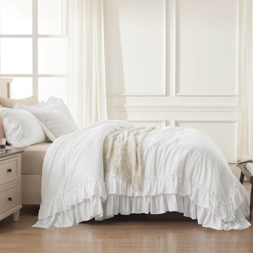 Heavyweight Warmth Queen Comforter Set White - 3 Pieces Soft Fluffy Ruffle Bedding Comforter Sets for Queen Bed, All Season Farmhouse Li... - Luxurious Quilted Duvet Cover Set Detail