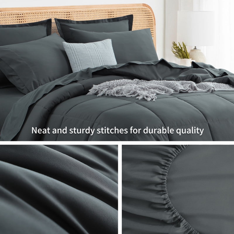 Heavyweight Warmth 7 Pieces Comforter Set with Sheets - Bed in a Bag with Comforter and All Season Sheets, Pillowcases,Dark Gray,Queen - Cloud-Like Soft Lightweight Bed Comforter Detail