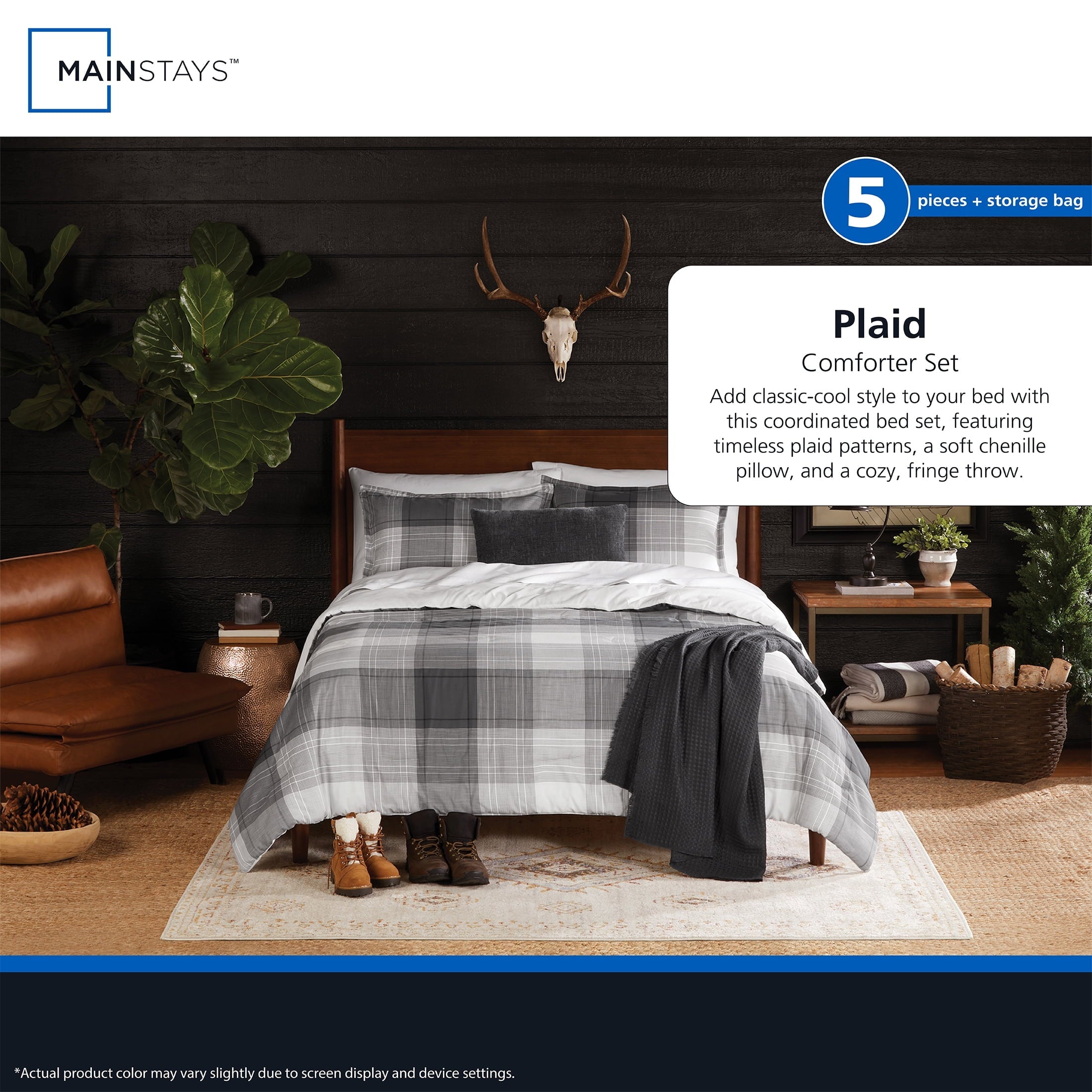 Fluffy Down Alternative Full/Queen Comforter Set, All-Season, 5-Piece, Grey Plaid - Luxurious Quilted Duvet Cover Set Detail