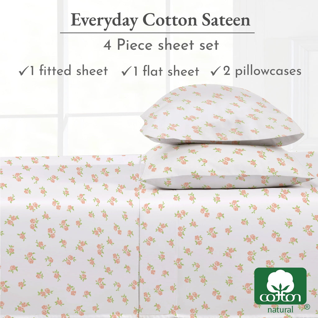 Premium Egyptian Cotton 4 Piece Printed Floral Bed Sheets Queen Size Set - 100% Cotton Sheets Queen, Soft Sateen Bedsheets, Deep Pocket Queen... - Luxury Bed Sheet Set with Deep Pockets Detail