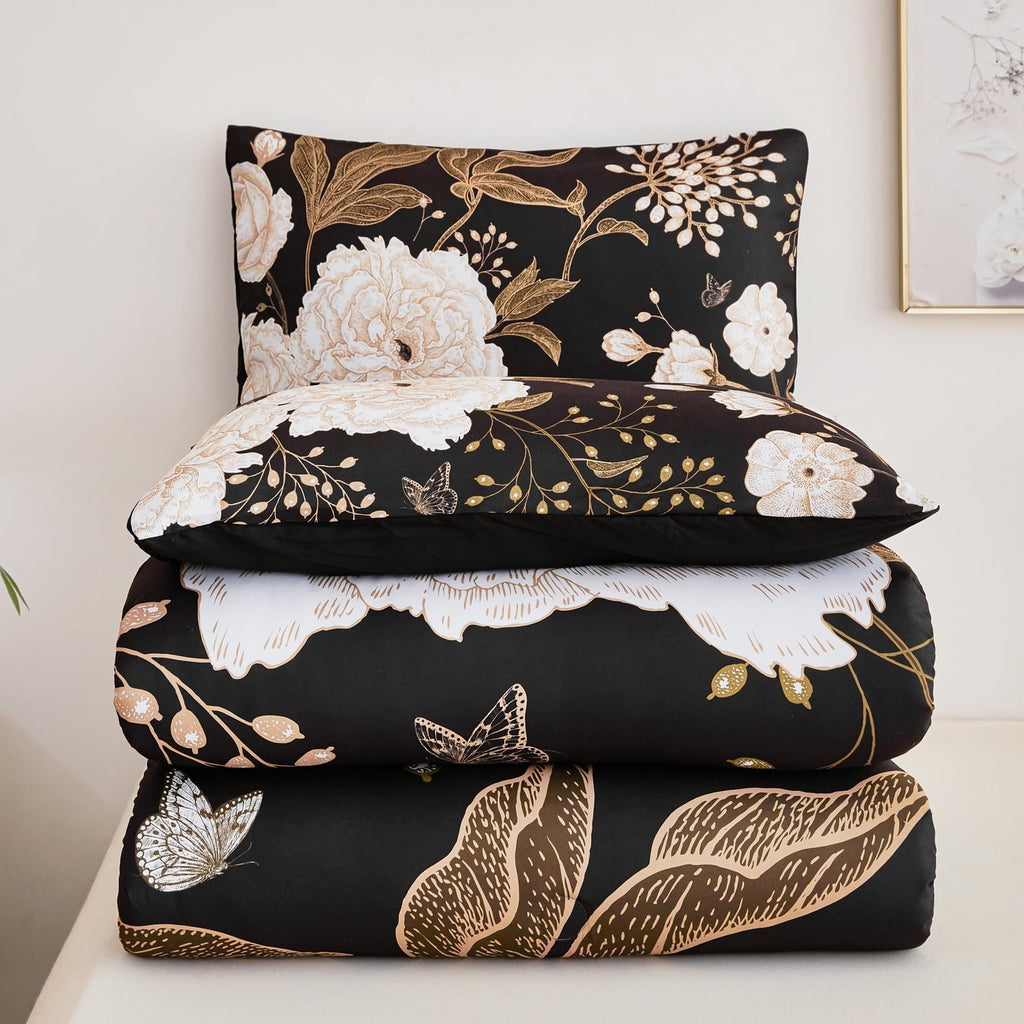Heavyweight Warmth Black Floral Comforter Set Queen, Printed Comforter White Flowers Butterfly Bedding Set, 3 Pieces Botanical Reversibl... - Luxurious Quilted Duvet Cover Set Detail