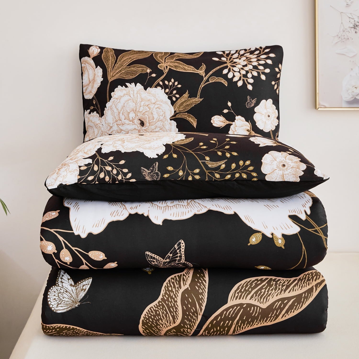 Heavyweight Warmth Black Floral Comforter Set Queen, Printed Comforter White Flowers Butterfly Bedding Set, 3 Pieces Botanical Reversibl... - Luxurious Quilted Duvet Cover Set Detail