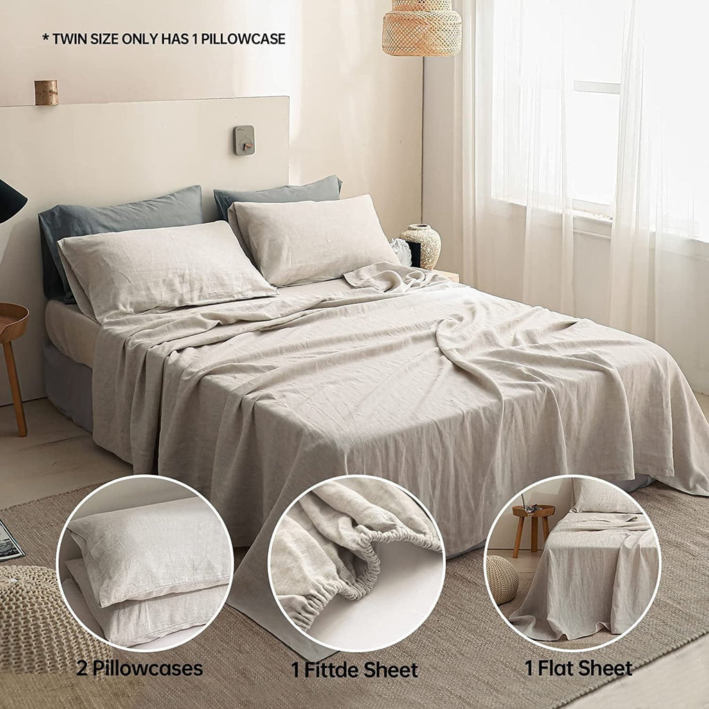 Breathable Luxury 100% Linen Sheet Set Solid Color-4 Pcs Washed French Linen Bed Sheets(1 Flat Sheet,1 Fitted Sheet,2 Pillowcases)-Brea... - Breathable Egyptian Cotton Flat & Fitted Sheets Detail