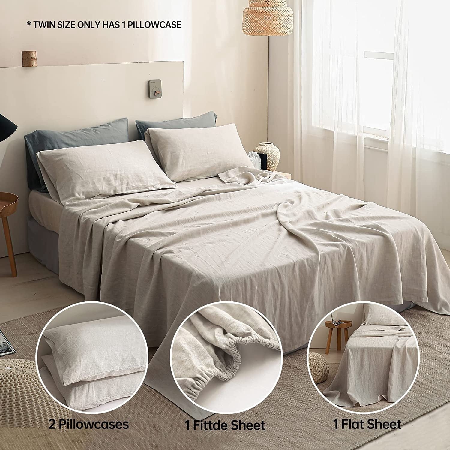 Breathable Luxury 100% Linen Sheet Set Solid Color-4 Pcs Washed French Linen Bed Sheets(1 Flat Sheet,1 Fitted Sheet,2 Pillowcases)-Brea... - Breathable Egyptian Cotton Flat & Fitted Sheets Detail
