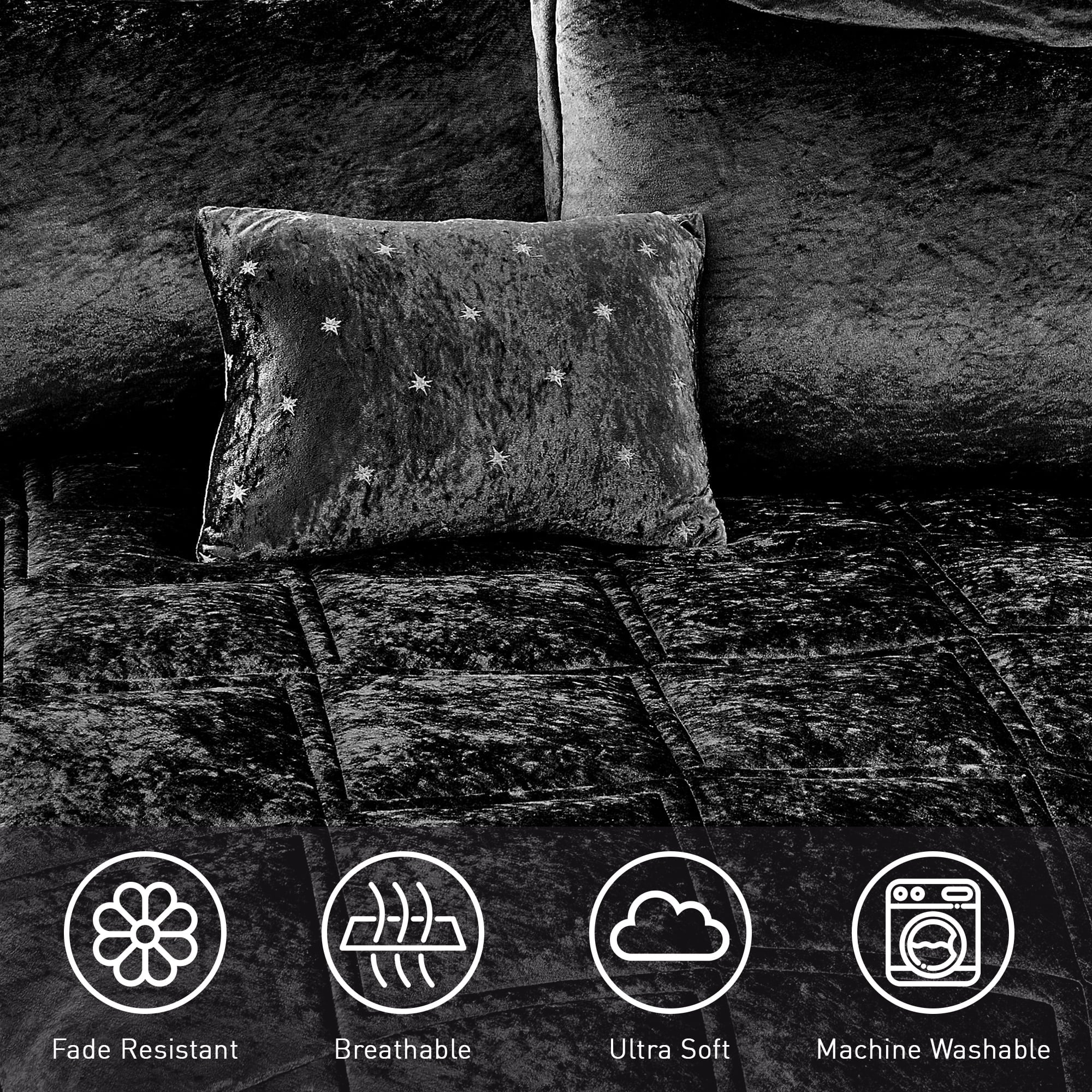 All-Season King/Cal King Size Comforter Sets, Velvet Bedding Comforter Set for All Seasons, Black Bedding Set with Decor Pillow - All-Season Down Alternative Comforter Insert Detail