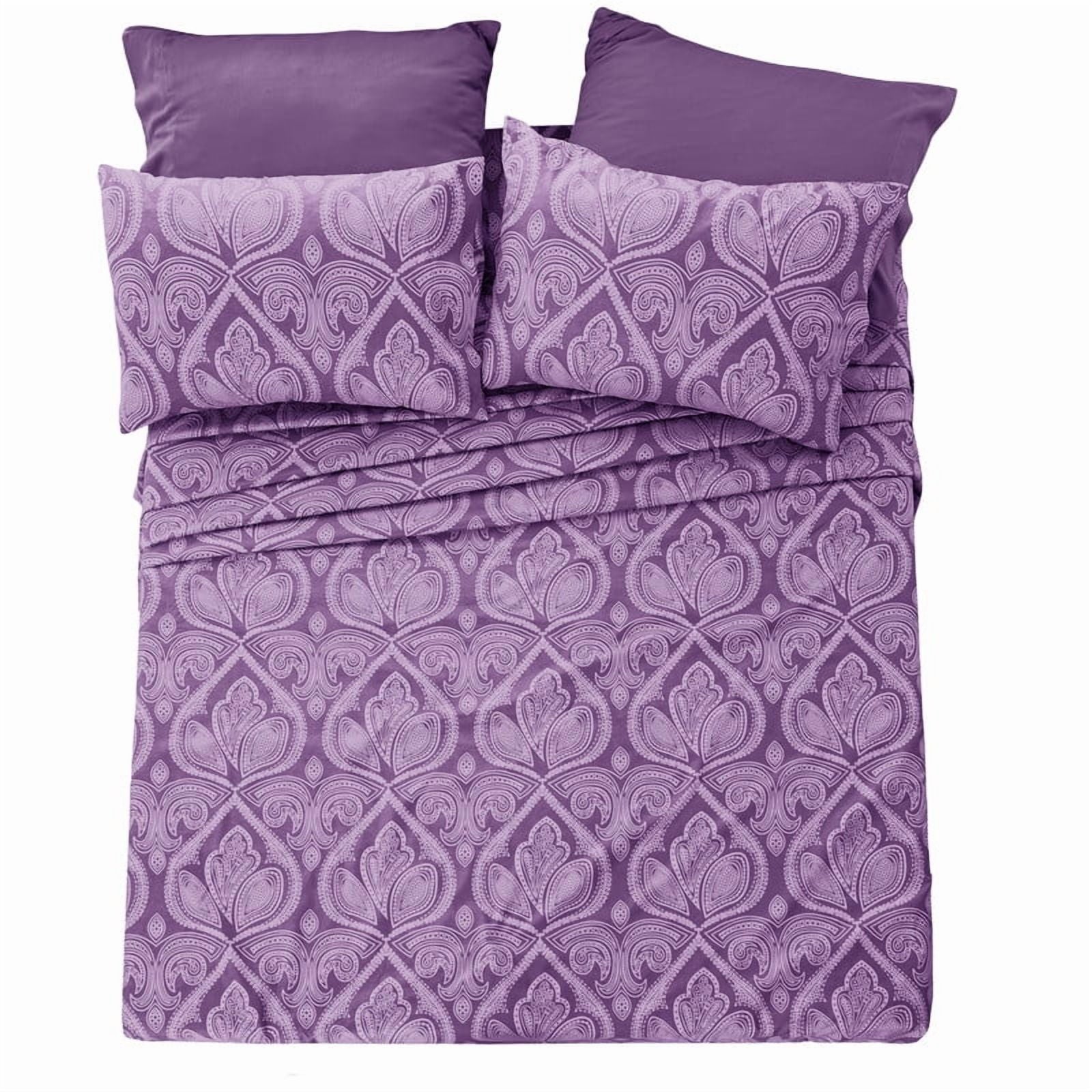 Cooling Sateen Paisley Printed Queen Bed Sheets Set, Microfiber 6 Piece Bedding Set - Purple - Cooling Hotel Quality Bedding Sheets and Pillowcases Detail