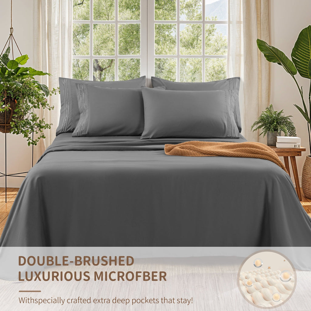 Premium Egyptian Cotton 6 Pieces Bed Sheet Set, 1800 Series Soft Microfiber Queen Sheets with 16" Deep Pocket, Dark Gray - Breathable Egyptian Cotton Flat & Fitted Sheets Detail