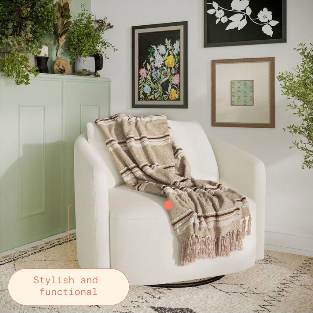 Lightweight Warm 60" x 50" Cozy Striped Porcini Chenille Throw - Super Soft Reversible Sherpa Flannel Blanket Detail