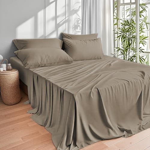 Wrinkle-Resistant Home 4-Piece Queen Bamboo Bed Sheet Set, 100% Organic Cooling Fabric, 16" Deep Pocket, Taupe - Premium Ultra-Soft Pillowcase Pair for Sleeping Detail