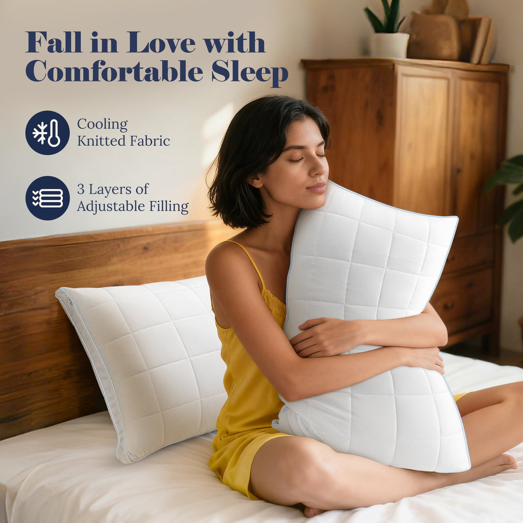 Decorative Plump Cooling Adjustable Pillow, Luxury Queen Size Bed Pillows Hotel Collection - Soft Firm Pillows for bed - Decorative Throw Pillow Cushion for Sofa & Bed Detail