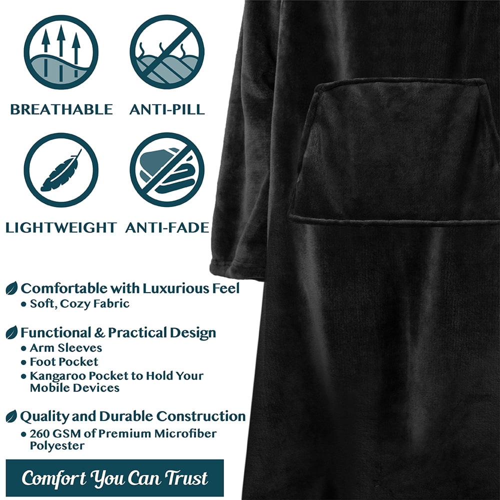 Reversible Sherpa Fleece Blanket with Sleeves, Foot Pockets for Women Men Adults, Plush Wearable Blanket Throw Wrap, Warm Snuggle Blank... - Cozy Fleece Throw Blanket for Couch & Bed Detail
