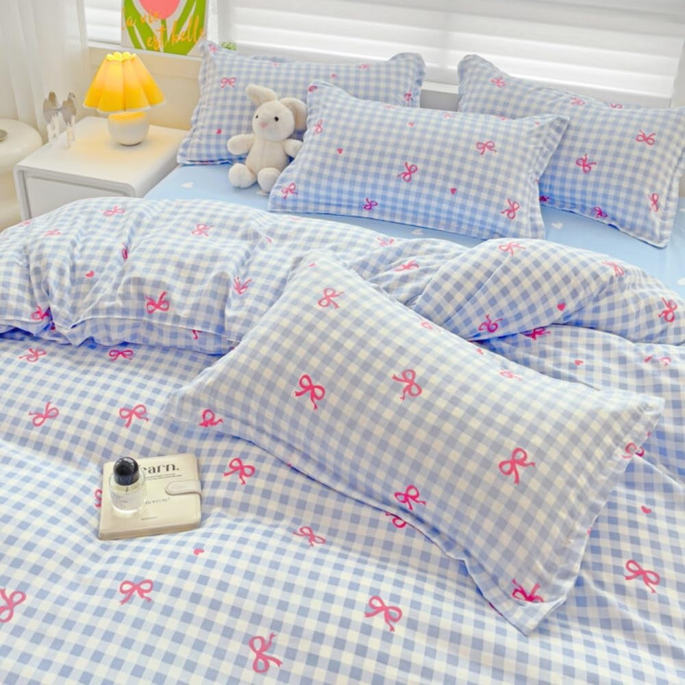 Hypoallergenic Cloud 3-Piece Blue Plaid Pink Bows Comforter Full Set , Cute Soft Bedding Set for Kids Adults - All-Season Down Alternative Comforter Insert Detail