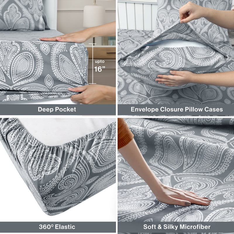 Cooling Sateen Lux Decor 4 Piece Queen Sheet Set, Brushed Microfiber Paisley Printed Bed Sheet Set with up to 16" Deep Pocket Fitted... - Breathable Egyptian Cotton Flat & Fitted Sheets Detail