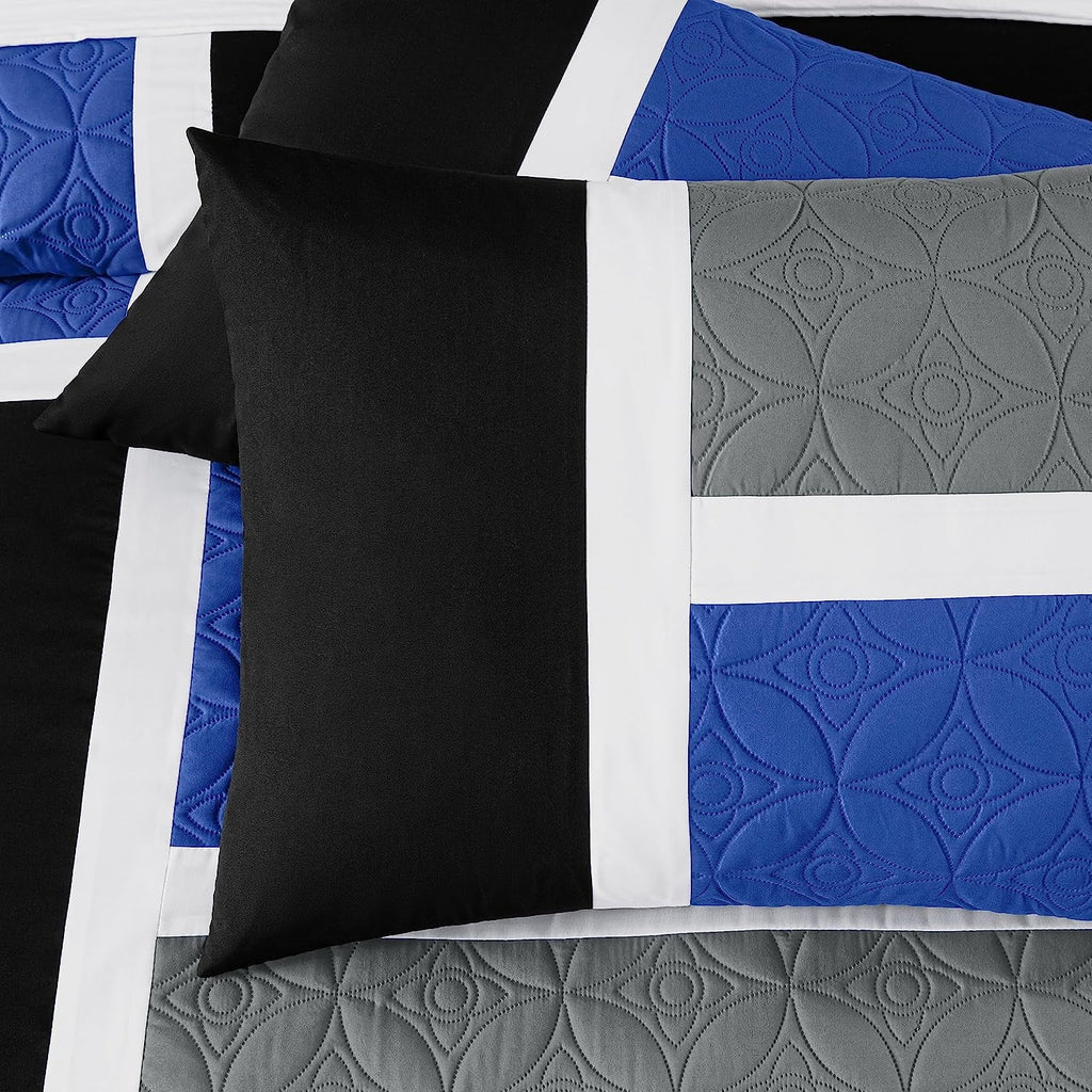Luxurious Quilted Bernard 7-Piece Full Bed in a Bag Comforter Set with Sheets, Lightweight Comforter Blue Black Gray Patchwork Quilted ... - Luxurious Quilted Duvet Cover Set Detail