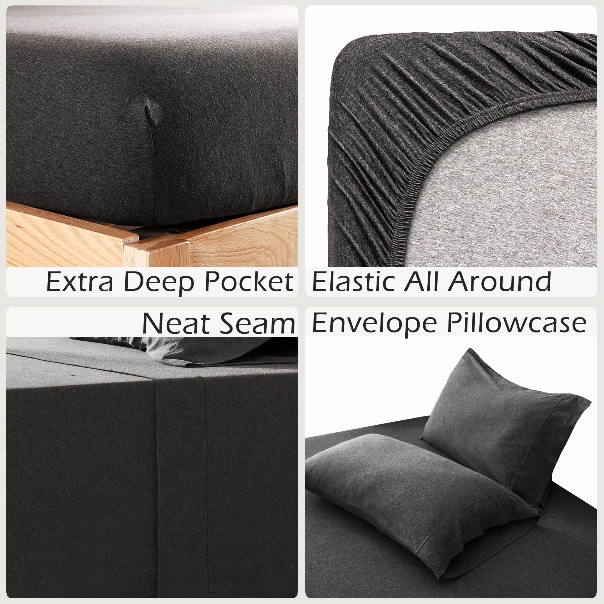 Wrinkle-Resistant 100% Cotton Jersey Knit 4pc Bed Sheet Set Extra Deep Pocket up to 20" Charcoal Gray Queen - Cooling Hotel Quality Bedding Sheets and Pillowcases Detail