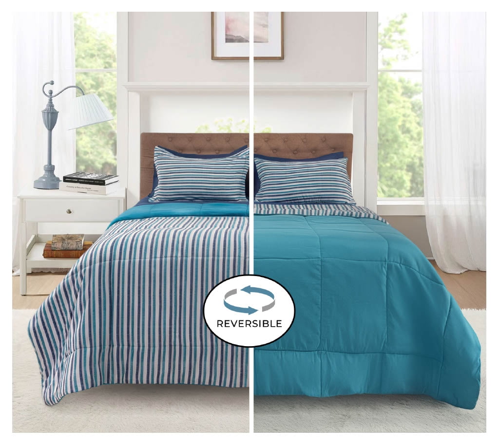 Fluffy Down Alternative All in One Reversible Comforter and Sheet Set- 7 Piece, Queen, Blue Pinstripe - Cloud-Like Soft Lightweight Bed Comforter Detail