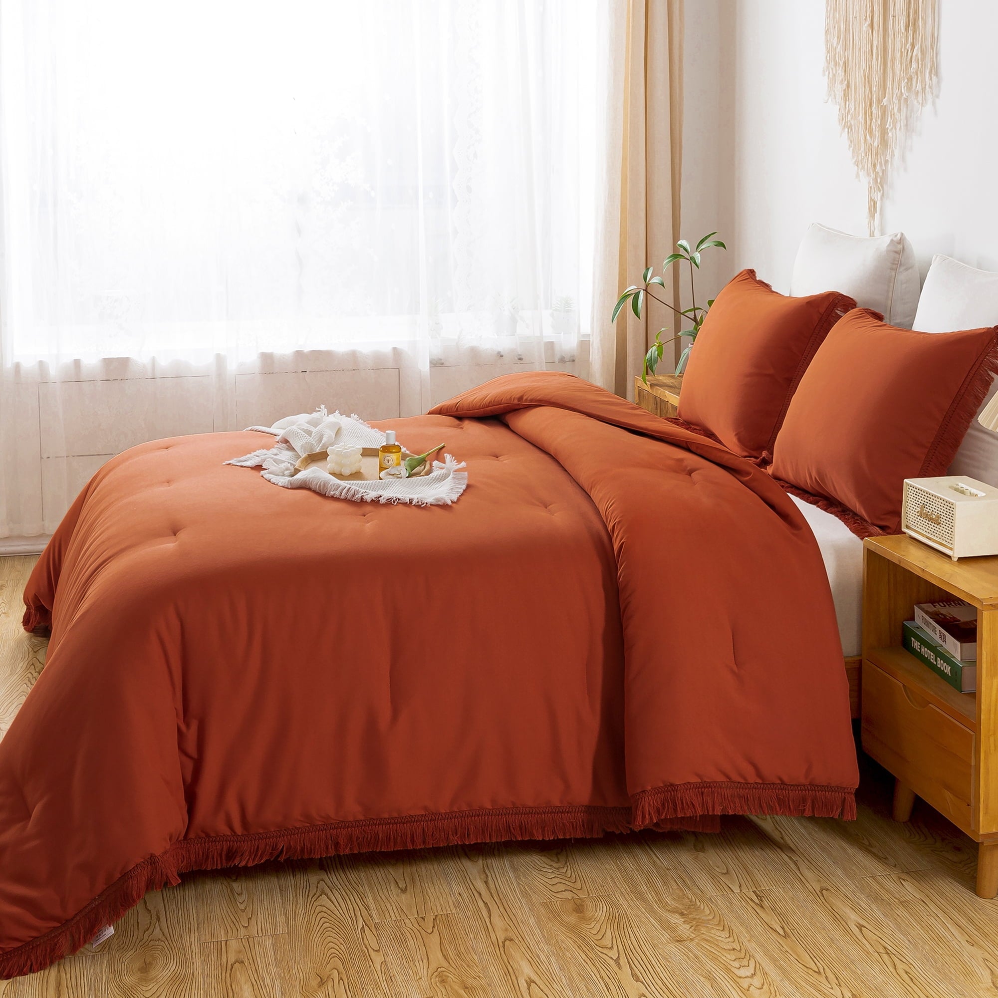 Fluffy Down Alternative King Size Comforter Sets Burnt Orange, 3 Pieces Soft Fluffy Boho Bedding Comforter Sets for King Bed, All Season Terr... - Luxurious Quilted Duvet Cover Set Detail