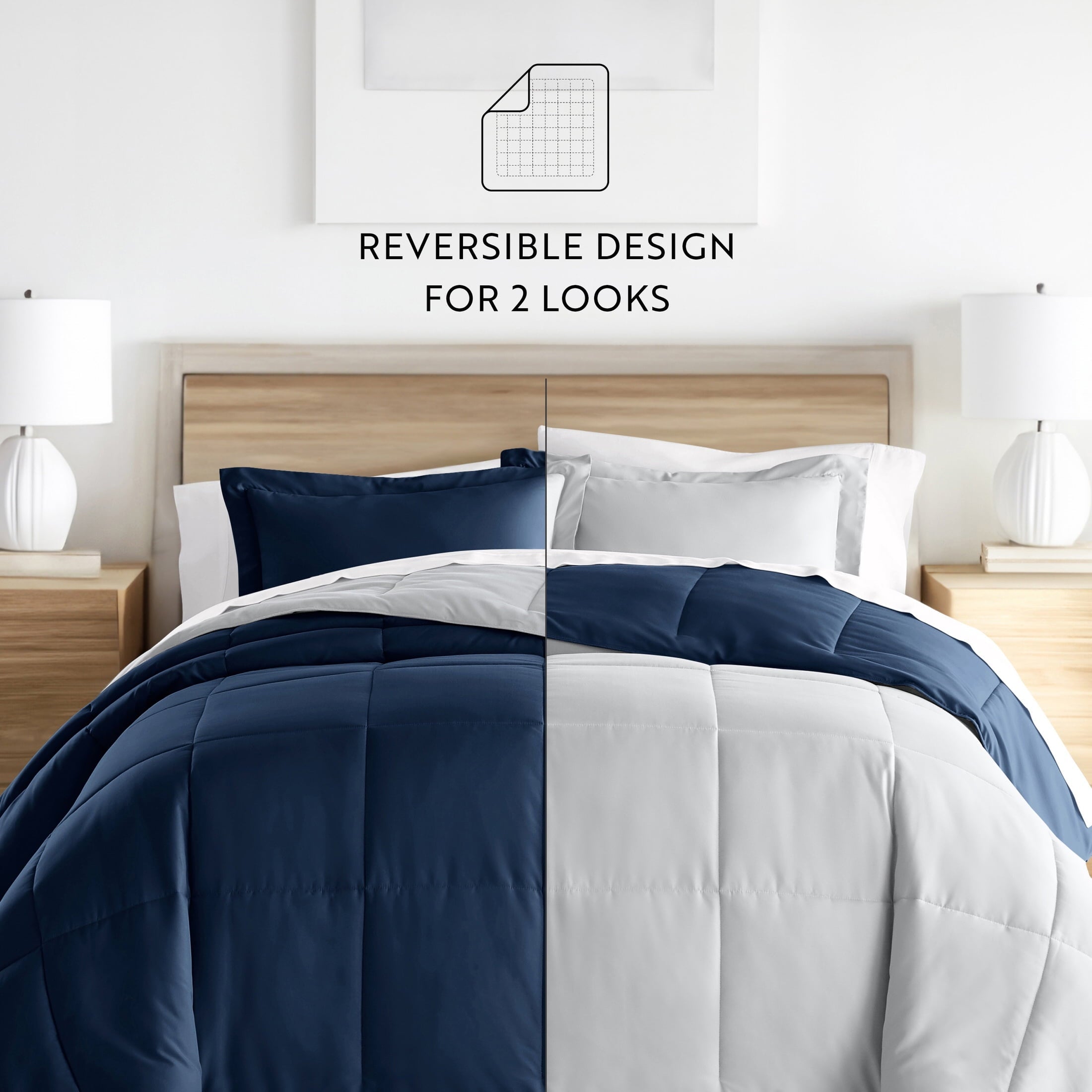 Hypoallergenic Cloud 2-Piece Navy & Gray Reversible Down Alternative Comforter Set, Twin/Twin XL - Luxurious Quilted Duvet Cover Set Detail