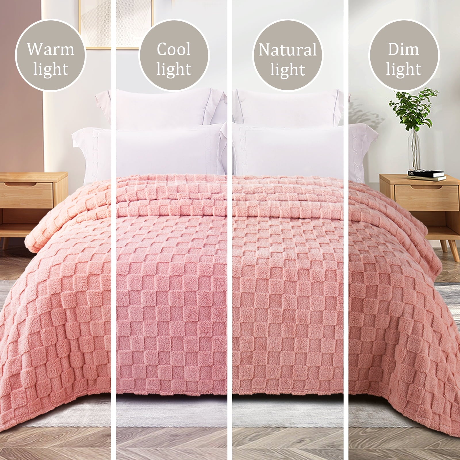 Decorative Knitted Fleece Throw Blanket for Couch, Super Soft Warm Lightweight Checkered Pattern Blanket for All Seasons, Pink, 50"x60" - Cozy Fleece Throw Blanket for Couch & Bed Detail