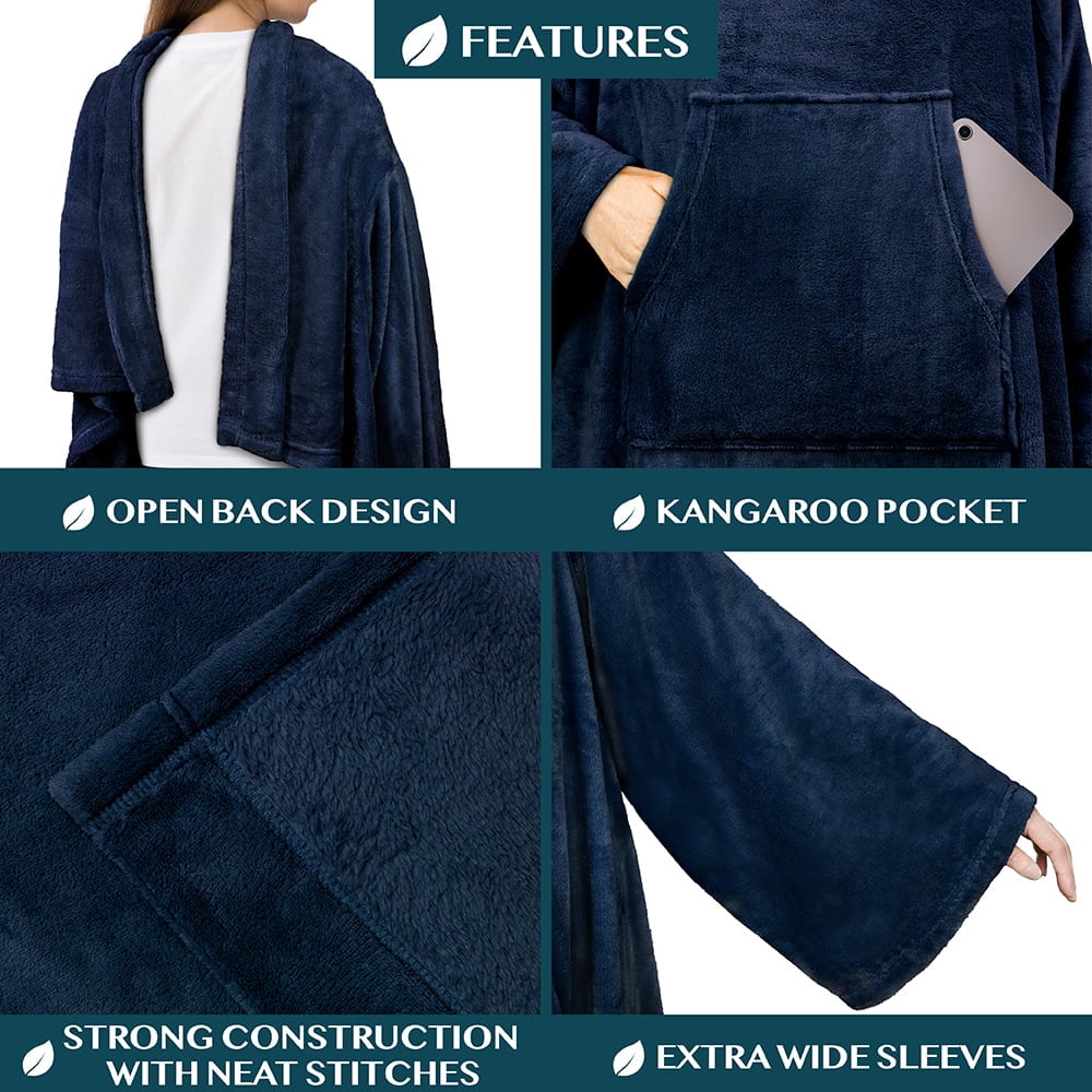 Cozy Fleece Navy Blue Fleece Wearable Blanket with Sleeves for Adults Women Men, Soft Warm Full Body Wrap Throw, Sweatshirt Pocke... - Luxury Knitted Decorative Throw Blanket with Fringes Detail