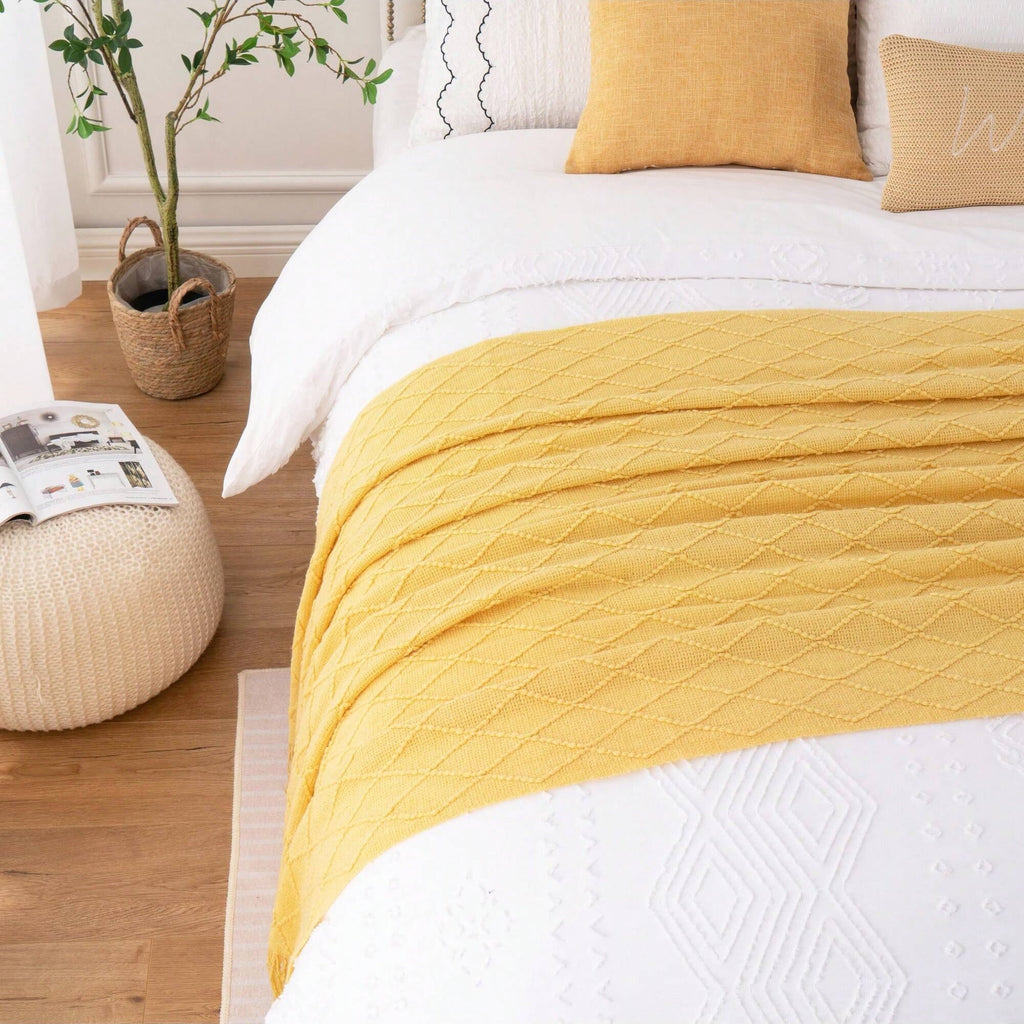Decorative Knitted Mustard Throw Blanket for Couch,Gold Yellow Knit Throw with Fringe,Outdoor Throw ,50"x60" - Lightweight Plush Warm Blanket for All Seasons Detail
