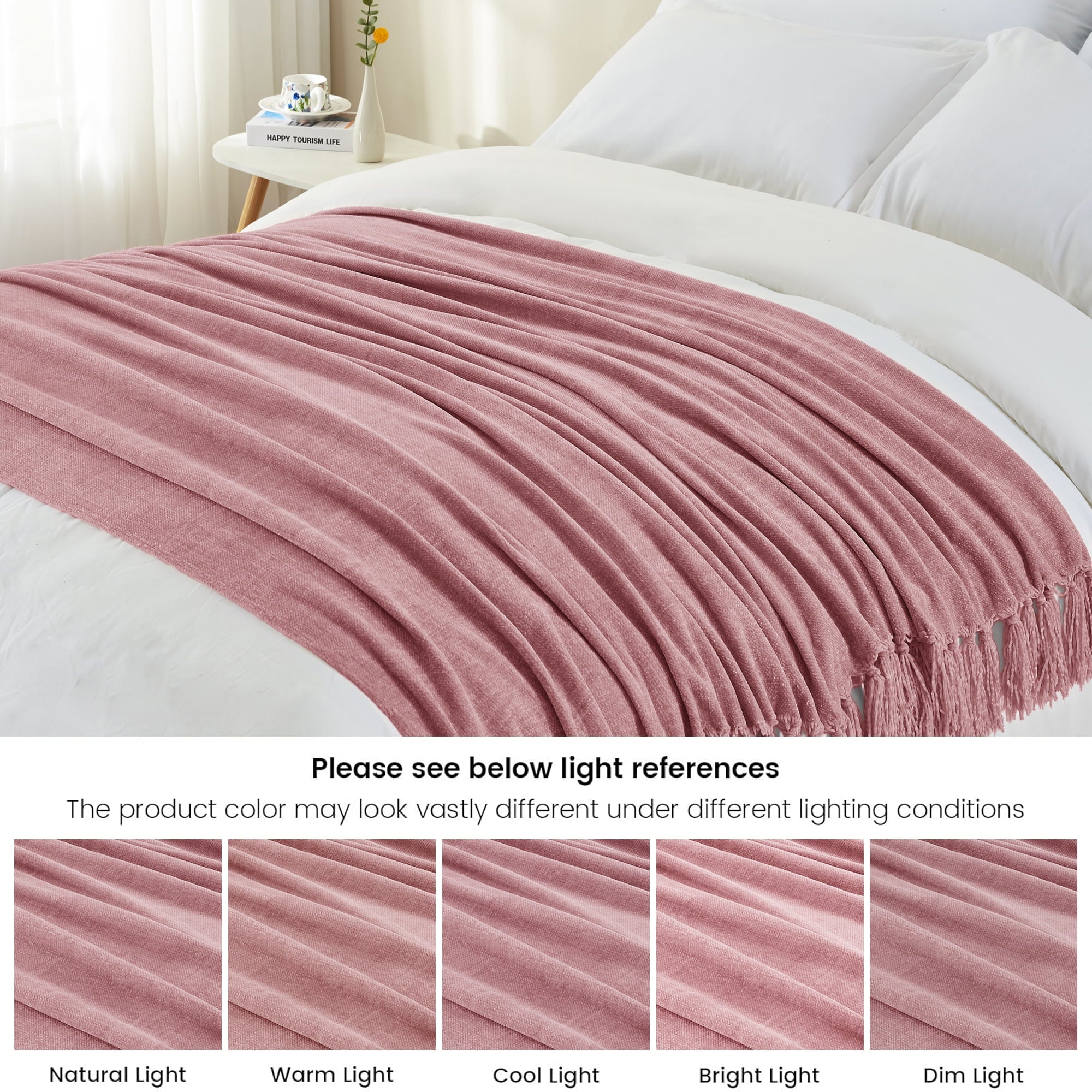 Decorative Knitted Chenille Throw Blanket with Fringe Tassel for Couch Sofa Chair Bed, Mauve 50" X 70" - Luxury Knitted Decorative Throw Blanket with Fringes Detail