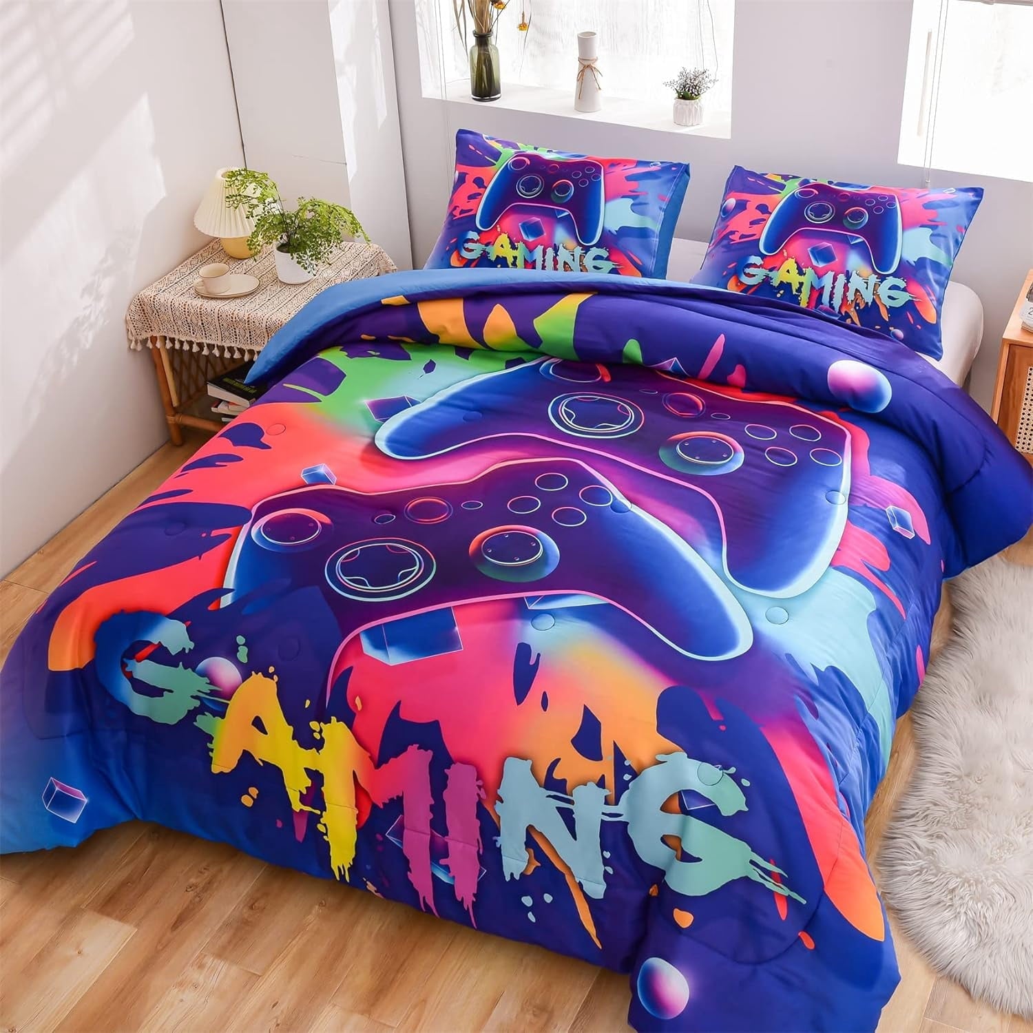 Heavyweight Warmth Purple Queen Gaming Comforter Sets for Boys Kids Bedding Sets Colorful Games Console Gamer Quilt Set - Luxurious Quilted Duvet Cover Set Detail