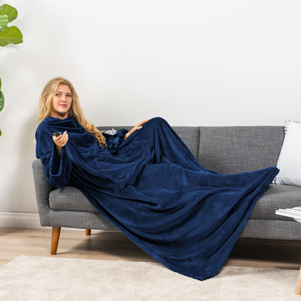Cozy Fleece Navy Blue Fleece Wearable Blanket with Sleeves for Adults Women Men, Soft Warm Full Body Wrap Throw, Sweatshirt Pocke... - Luxury Knitted Decorative Throw Blanket with Fringes Detail