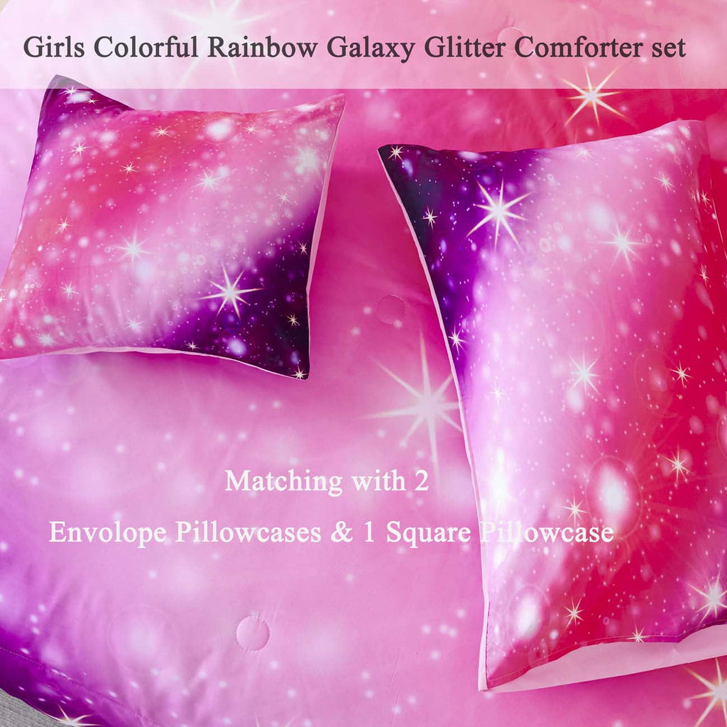 Luxurious Quilted 4Pcs Rainbow Twin Size Comforter Set for Girls, Pink Purple Gradient Glitter Kids Bedding Sets, Soft Galaxy Girls Bed... - Hypoallergenic Ultra-Fluffy Quilt for Winter Detail