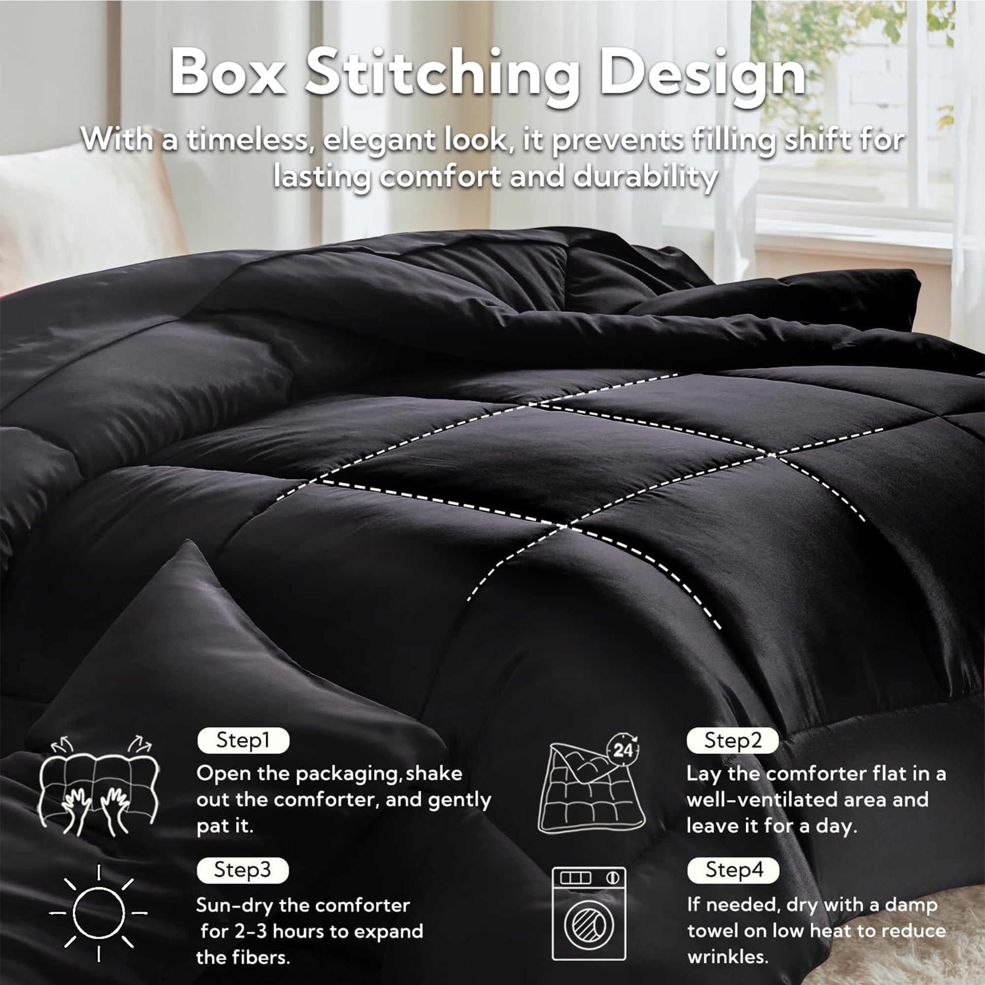 Fluffy Down Alternative Reversible Satin Microfiber Comforter 3 Pieces Queen Size, Black Queen Comforter Set for All Seasons, Silky Soft Sati... - All-Season Down Alternative Comforter Insert Detail