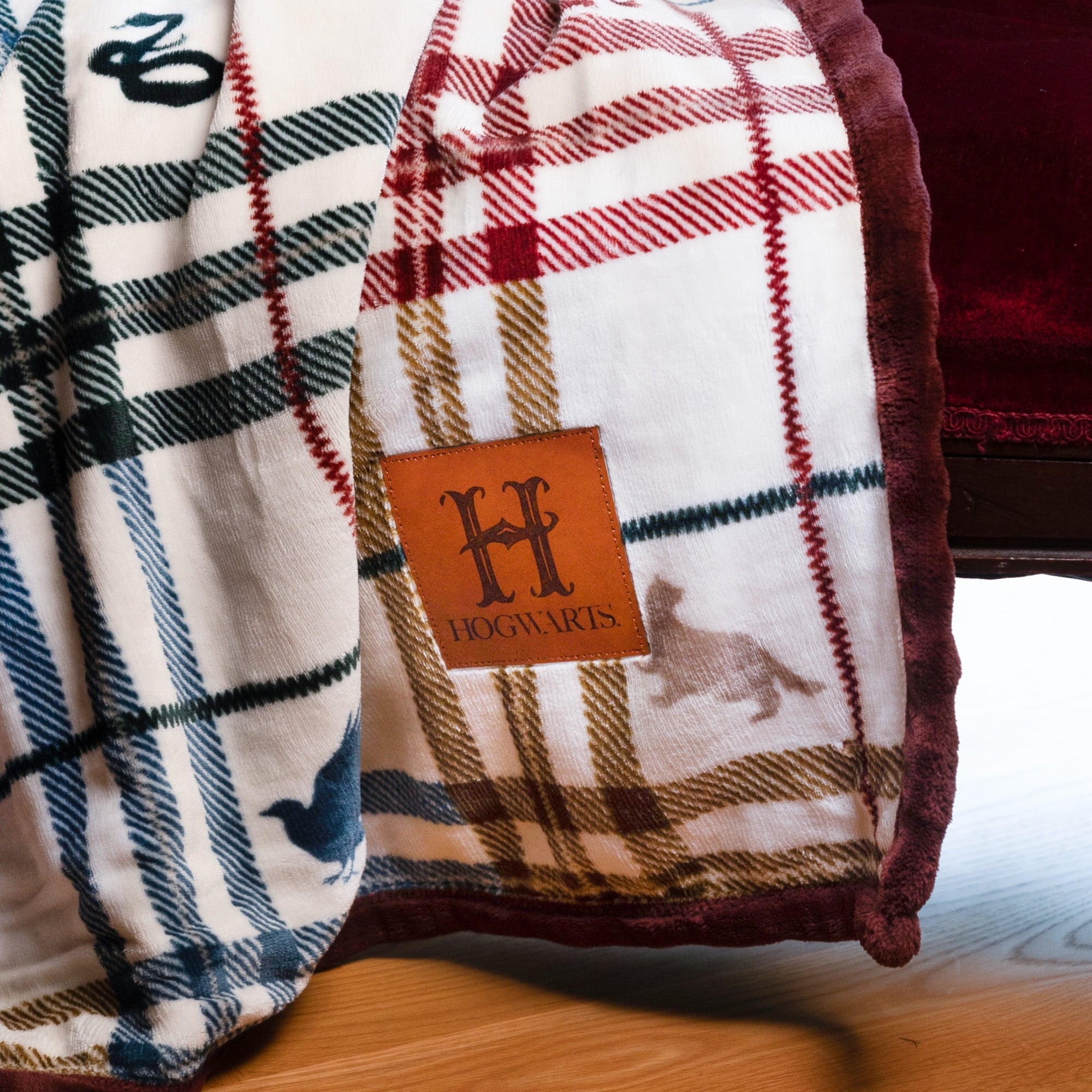 Reversible Sherpa Academic Plaid Tartan Crest with Faux Leather Patch and Milky Mink Reverse Throw, 60x70 inches - Super Soft Reversible Sherpa Flannel Blanket Detail