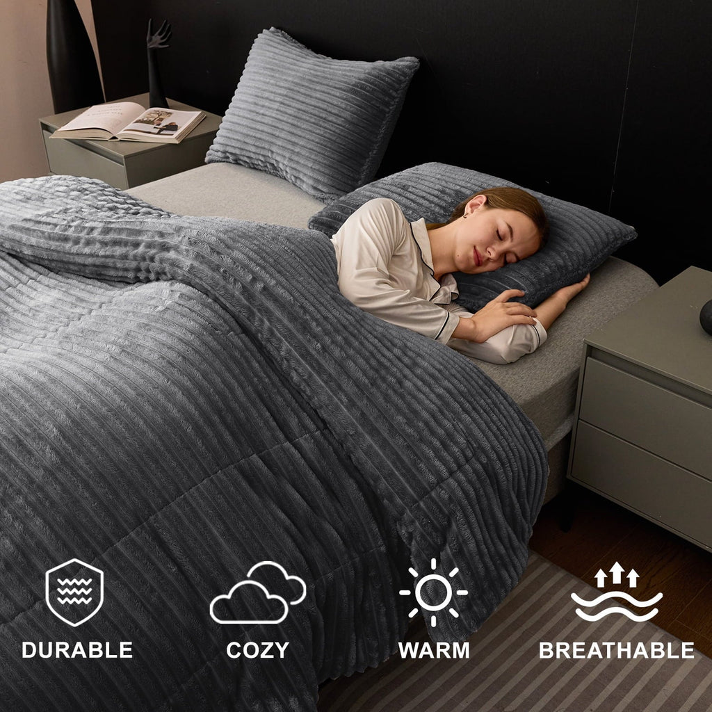 Hypoallergenic Cloud 3 Piece Fleece Queen Comforter Set - Soft & Warm Fluffy Dark Gray Sherpa Bedding , Fuzzy Heavy Double Sided Design Wi... - All-Season Down Alternative Comforter Insert Detail